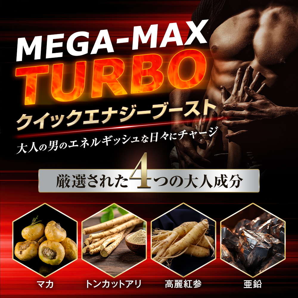 メガマックスターボ・クイックエナジーブースト厳選された4つの大人成分マカ・トンカットアリ・高麗人参・亜鉛